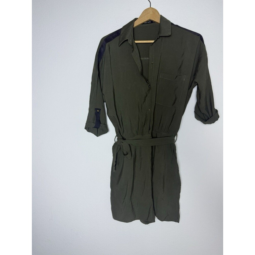Zara Basic Olive Green Utility Shorts Romper Belted Roll Tab Shirt Jumpsuit S